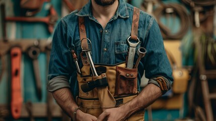 Sticker - Mechanic standing in front of tools with a tool belt in a workshop