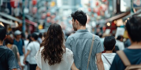 Man and woman parting ways in a crowded street, [bittersweet farewell], [transient moments]