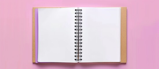 Wall Mural - Top view of spiral kraft notebook with purple and white open page isolated on background for a mockup with copy space image