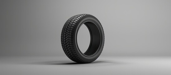 A car tire displayed against a neutral grey backdrop with ample allowance for additional visuals with a copy space image