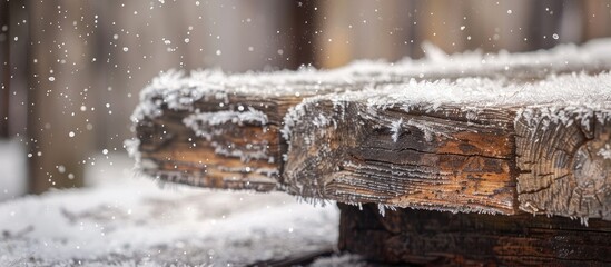 Canvas Print - An aged oak plank with frost forming on its surface featuring copy space image