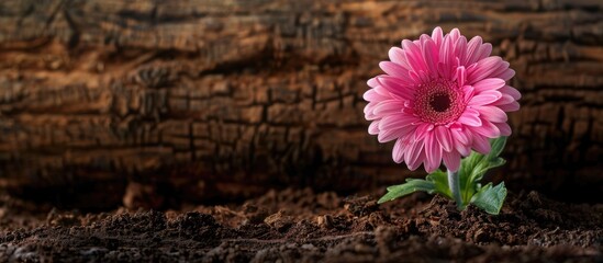 Sticker - A pink flower set against a rustic backdrop of soil and tree logs with enough copy space image