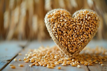 Wall Mural - A heart made out of grains on a wooden table