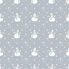 Wall Mural - Winter Seamless Pattern with Cute Snowmen. Silhouettes. Christmas Background. Different Snowmen in Winter Clothes and Gift Boxes. Template. Vector Illustration in Gray, White