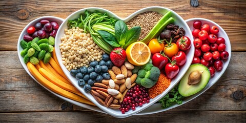 Sticker - Fresh fruits, vegetables, nuts, and whole grains arranged artfully in a heart-shaped plate, symbolizing a loving and wholesome approach to healthy dining options.