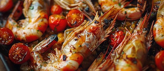 Canvas Print - Copy space image of grilled prawns with garlic chili and tomatoes showcasing a close up view