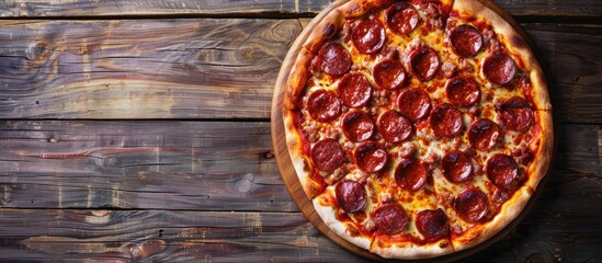 Wall Mural - Chorizo sausage pizza displayed on a rustic wooden plate with copy space image