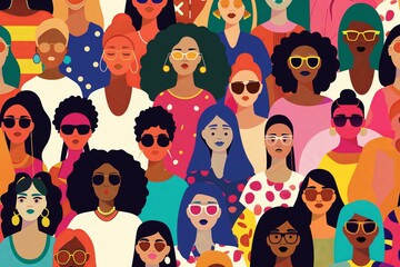 A group of women wearing sunglasses and colorful clothing. The image is a representation of diversity and inclusivity