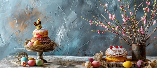 Sticker - Easter themed items like cakes painted eggs in a nest a rabbit shaped candlestick and willow branches are displayed on a grunge background with copy space image