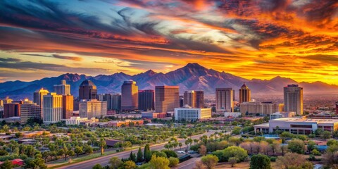 Vibrant sunset casts a warm glow on the modern urban landscape of Arizona's capital city, showcasing sleek skyscrapers and majestic mountain ranges in the distance.