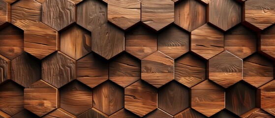 Poster - Abstract hexgonal geometric wooden background banner - Brown hexagon 3d wood timber texture wall decor