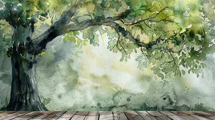 Watercolor tree background with dark wood texture for banner design and copy space