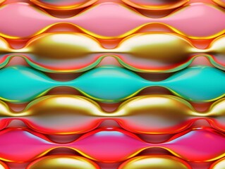 Wall Mural - Colorful wave pattern with gold, pink, turquoise, and red shapes creating a vibrant and dynamic design. The glossy finish enhances the modern look.