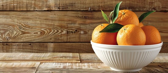 Wall Mural - Oranges in a bowl displayed on a wooden table with copy space image available