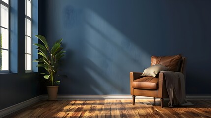 Wall Mural - Living room with leather armchair on wood flooring and dark blue wall- 3D rendering 