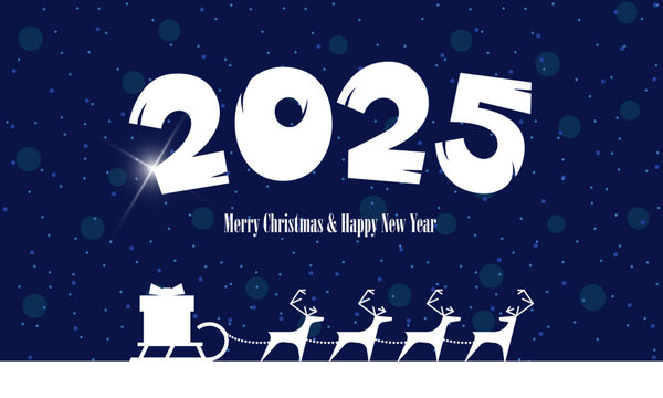 Santa Claus reindeer with gift on sleigh greeting card. Merry Christmas and Happy New Year 2025 lettering with bright Bethlehem star calendar cover. Xmas magic night delivery. Holiday eve eps poster