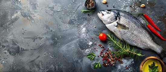 Poster - Top down view of raw sea bass adorned with flavorful spices and herbs against a concrete background offering a spacious area for additional content in the image