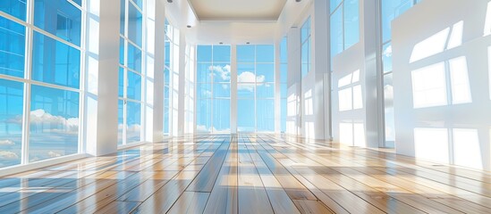 Poster - A modern building s interior featuring a lovely wooden floor white walls and windows offering views of the blue sky suitable for a copy space image