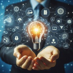 Hand holding light bulb and business digital marketing innovation technology icons on network connection