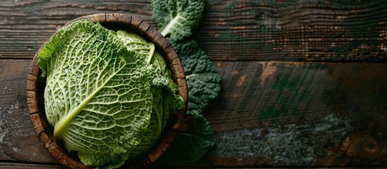 Wall Mural - Top down view of a wooden background with a bowl filled with savoy cabbage creating an ideal copy space image