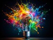 © Man888 - Vibrant colorful paint splashes and swirls around a shattered light bulb on a dark background, symbolizing innovative ideas and creative thinking bursting into reality.