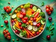© Man888 - Vibrant overhead shot of a colorful salad bowl overflowing with fresh vegetables like cherry tomatoes, carrots, and cucumbers on a bright green background.