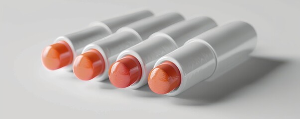 Close-up of four orange lip balms in white tubes on a white background. Perfect for advertising beauty and skincare products.