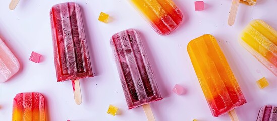 Poster - Top view of multi colored popsicles on a white backdrop with copy space image creating a vibrant food themed background