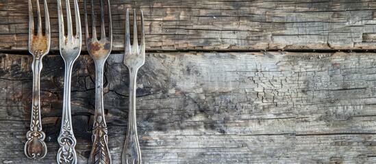 Antique forks with charm placed on a rustic wooden board with a blank space for an image. Copy space image. Place for adding text and design