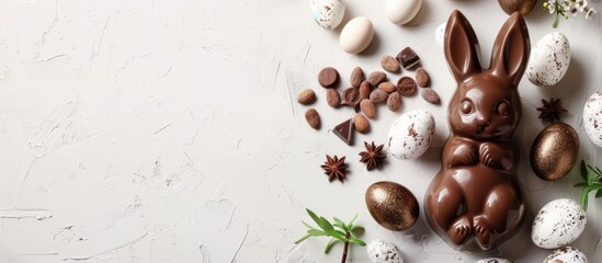 Wall Mural - An Easter chocolate bunny on a white background surrounded by chocolate eggs and sweets symbolizing Easter celebration all displayed on a table with room for text Copy space image