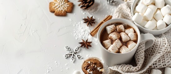 Canvas Print - Warm up this wintery season with a cozy hot chocolate or cocoa with marshmallows cookies and spices beautifully displayed on a white backdrop in a copy space image