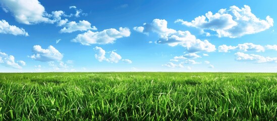 A serene landscape featuring a lush green grass field under a clear blue sky with fluffy clouds on the horizon providing a picturesque copy space image