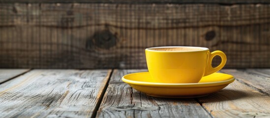 Canvas Print - Yellow cup with a cappuccino placed on a wooden table highlighting the arrangement against the copy space image