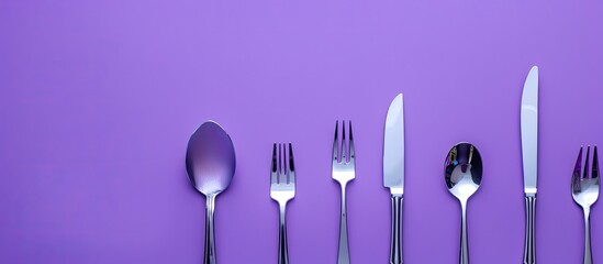 Sticker - Various cutlery displayed on a purple background with copy space image