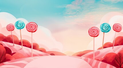 Wall Mural - Candy Land Background with Blue Sky and Pink Clouds.