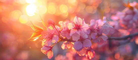 Sticker - A picturesque spring scene of pink cherry blossoms on a lush branch at sunset suitable for banners or nature themed cards with room for text in the image. Copy space image