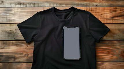 Canvas Print - Top view of blank black tshirt unisex mockup with empty screen smartphone for design template on wood background