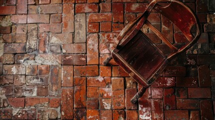 Canvas Print - Vintage wooden chair on red brick floor from above