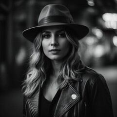 A woman with shoulder-length blonde hair wearing a fedora hat and a leather jacket. She appears to have a neutral expression on her face.