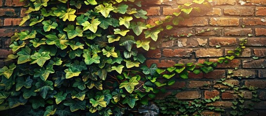 Wall Mural - Ivy climbing on a brick wall creating a charming composition with copy space image