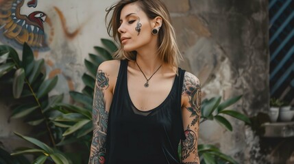 Wall Mural - girl with tattoos wearing a black mockup tanktop