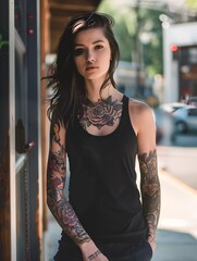 Wall Mural - girl with tattoos wearing a black mockup tanktop