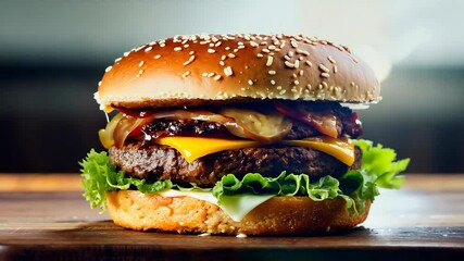 Wall Mural - Juicy cheeseburger with fresh lettuce sesame bun on wooden table