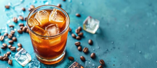 Wall Mural - Refreshing iced coffee with coffee beans and ice cubes on a blue backdrop for a cool summer beverage with copy space image