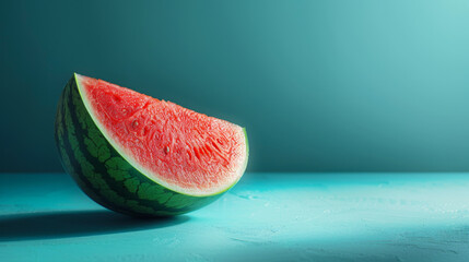 Wall Mural - Close-up of a juicy watermelon slice resting on a teal surface, highlighting its vibrant red flesh.