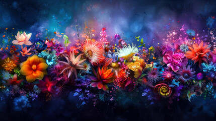 Aufkleber - A colorful bouquet of flowers is displayed in a painting. The flowers are arranged in a long line, with some of them being more prominent than others. The painting has a vibrant and lively mood