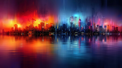Poster - A city skyline is reflected in the water, with the buildings appearing to be in different colors. The image has a dreamy, surreal quality to it, as if the city is floating in the water