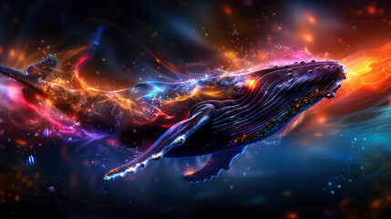Poster - A colorful whale is flying through a galaxy of stars and fire. The image is a beautiful and vibrant representation of the vastness and wonder of the universe