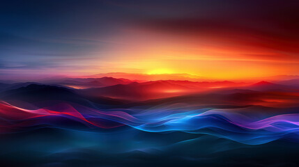 Aufkleber - A beautiful sunset over a mountain range with a blue and purple sky. The mountains are covered in a misty haze, giving the scene a dreamy and serene atmosphere