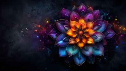 Poster - A colorful flower with a dark background. The flower is surrounded by a lot of sparkles and it looks like it's glowing